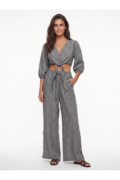 ONLOOX Anthracite Cotton Lined Blouse with Tie Detail and Buttoned Cuffs, Pan...