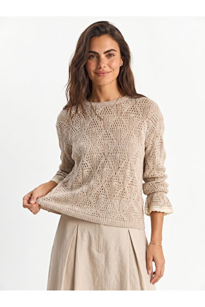 ONLOOX Stone Cotton Openwork Knit Crew Neck Flowy Cut Flounce Sleeves Pattern...