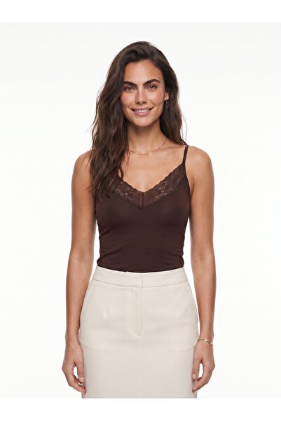 ONLOOX Bitter Brown Viscose Fabric V-Neck Body-Fitting Cut Thin Strap Lace De...