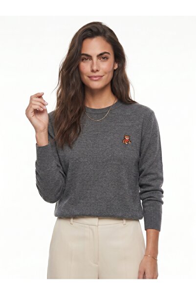 ONLOOX Anthracite Acrylic Fabric Crew Neck Standard Size Teddy Embroidered Ba...
