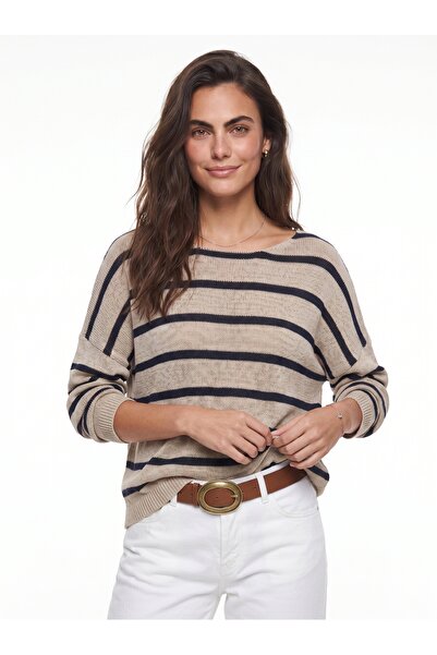 ONLOOX Beige Navy Blue Cotton Thin Knitwear Boat Neck Off Shoulder Relaxed Cu...