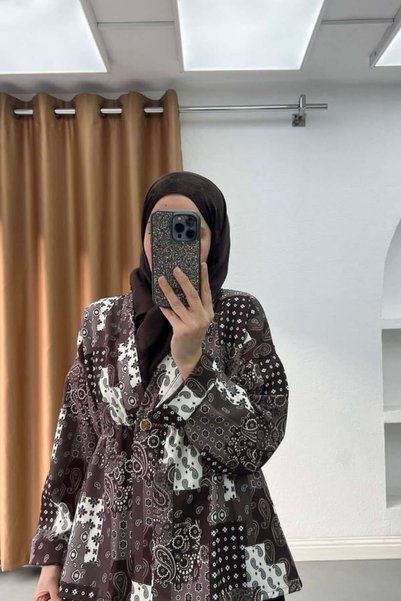 Liva Desenli Bel Büzgülü Etekli Takım Acı Kahve