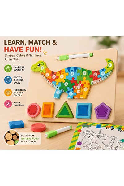 Generic Montessori Wooden Dinosaur Puzzle Board, Shape, Number & Animal Matching Toy, Educational Learning Toy -Ages 3+