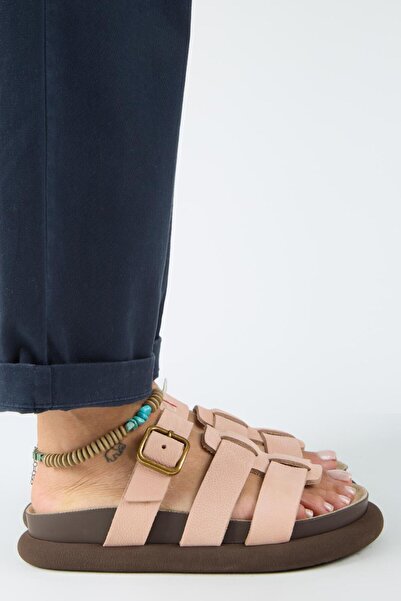 Manijero Borde Women's Genuine Leather Scarf and Buckle Nubuck Powder Slippers