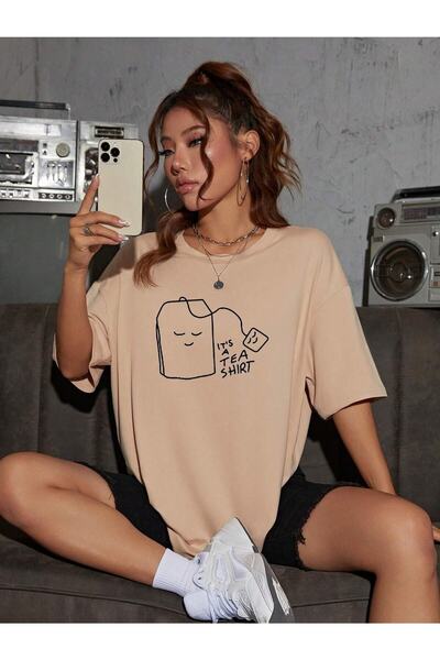 JENOLAN Tricou oversize bej imprimat pentru femei/fete Salaş Boyfirend