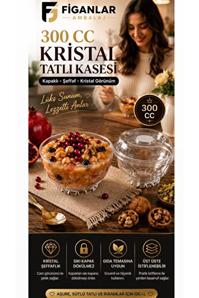 figanlar ambalaj 300 CC Kristal Kapaklı Aşure ve Tatlı Kasesi Şeffaf Plastik ...