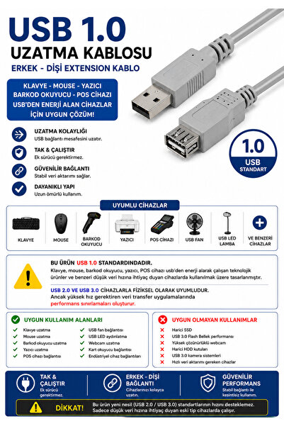 IRONSTAR 1.0 usb uzatma / 1.5 metre usb uzatma kablosu / mouse uzatma / kalvy...