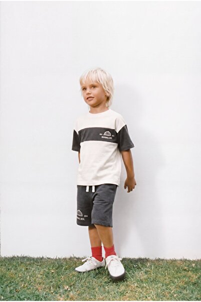 Magu Boy's Ecru Anthracite Block Patterned Shorts Set
