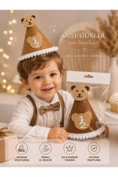 eğlencemarketi Teddy Bear Ayıcık Temalı Doğum Günü Şapkası – Keçe Külah Parti Şapkası 1 Yaş 1/2 Yaş