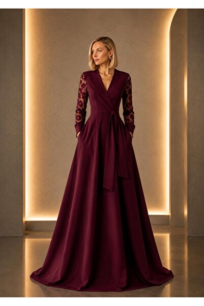 ALYEL NAKER Double-Breasted Closure & Lace Sleeve Detail Maxi Crepe Dress