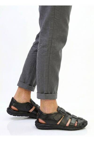 Budaks Sandale pentru bărbați din piele naturală neagră, cu velcro, pantofi c...