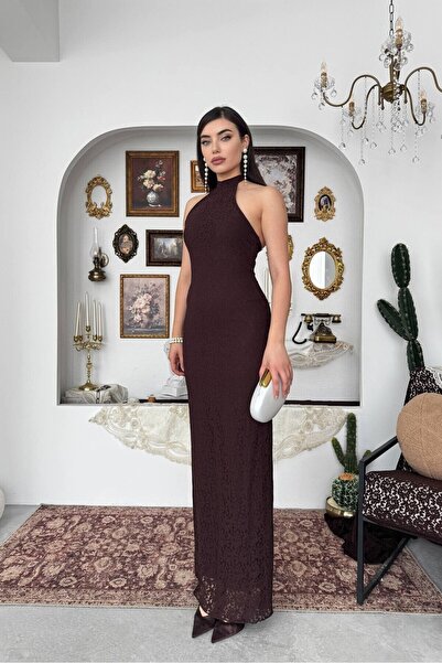 Caddebostan Moda Neck Tie Lace Detailed Midi Dress Stylish Evening Dress