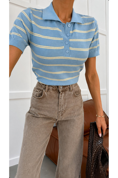 SEFMİR COLLECTION Polo Collar Striped Buttoned Slim Sweater