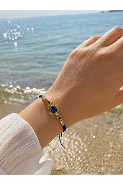 yes ticaret Blue Turtle Figured Gold Detailed Navy Blue Rope Adjustable Bracelet