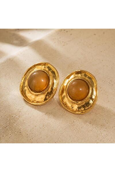 So Much Accesories Gold Oval Shaped Amber Brown Stone Women's Earrings