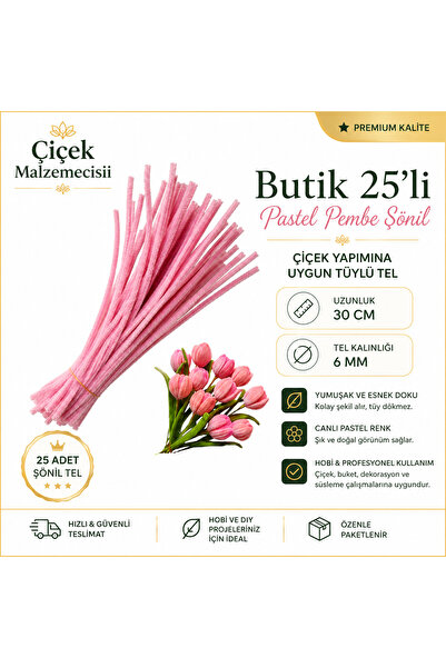 shop 25 adet pastel renk pembe şönil 6 mm kalınlık yoğun tüylü