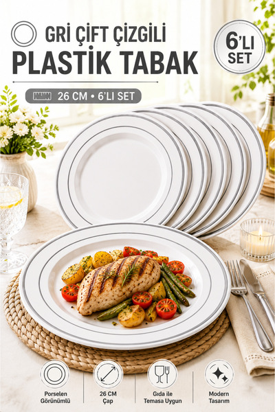 Open Home Concept 6'lı Set I Gri Çift Çizgili 26 CM Plastik Tabak Porselen Gö...