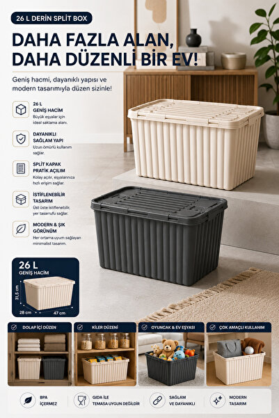 Virela Home 26 L Derin Split Box Çift Kapaklı Saklama Kutusu Çok Amaçlı Düzen...