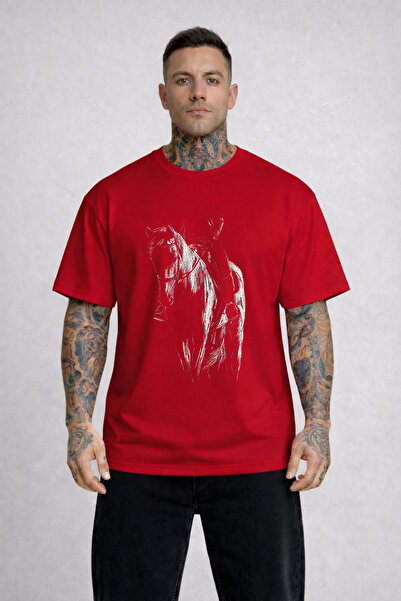 LORVEX Bumbac unisex supradimensionat cu imprimeu vizual Cowboy și Cal tricou...