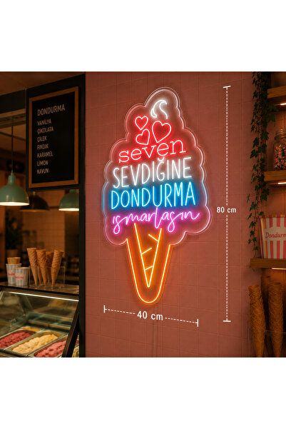 dekoraven Külah Dondurma Tasarımlı Neon Tabela Işıklı ve Cam Süsleme Led Levh...