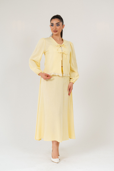 ELAY Fashion Women's Yellow Linen Lace Detailed Skirt Suit