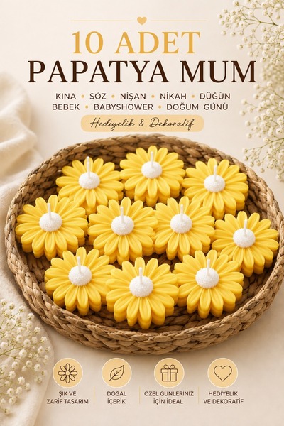 Bead 10'lu Papatya Şeklinde Mum Seti | Hediyelik ve Dekoratif Çiçek Mum | Nik...