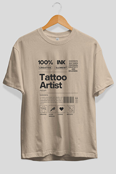 Ankhises Tricou oversize cu imprimeu frontal pentru artiști tatuatori, bej, 1...