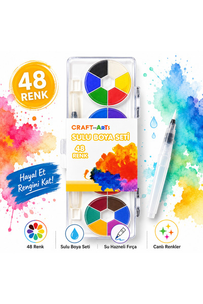 Craft and Arts 48 Renk Sulu Boya Seti Su Hazneli Fırçalı Katlanabilir Taşıma ...
