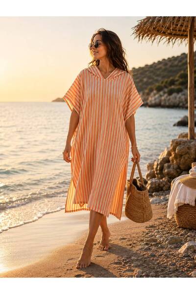NUNA'S Atelier NUNA’S Atelier Mercan Çizgili Panço | Kapüşonlu Plaj ve Havuz ...
