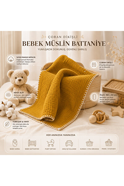 ⭐ Çoban Dikişli Müslin Bebek Battaniyesi %100 Pamuk Hardal 100x110 cm