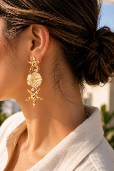 POYASE Sea Star and Seashell Figured Stone Detailed Dangle Earrings