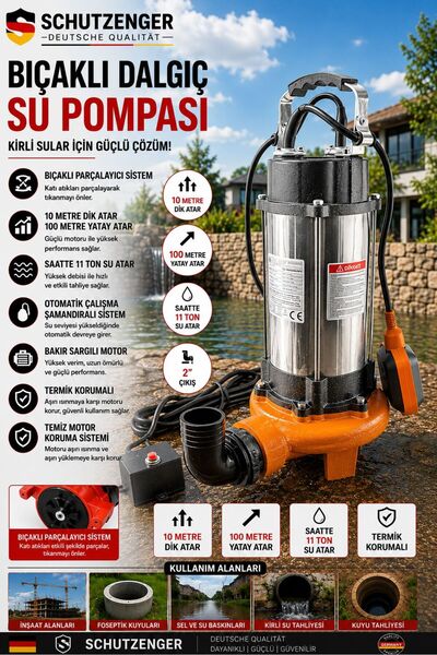 SCHUTZENGER 2000SD BIÇAKLI DRENAJ DALGIÇ SU MOTORU 4.5 Hx ATIK SU POMPASI OTO...