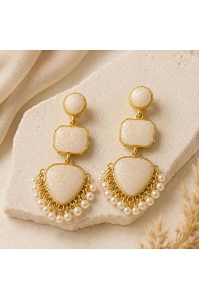 So Much Accesories Cream Stone Gold Framed Pearl Detailed Women's Earrings | ...