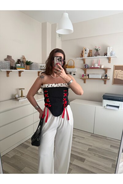 SIPAHI Straplez Bağcıklı Kot Puantiye Ve Kırmızı Kurdele Detaylı Tasarım Kors...