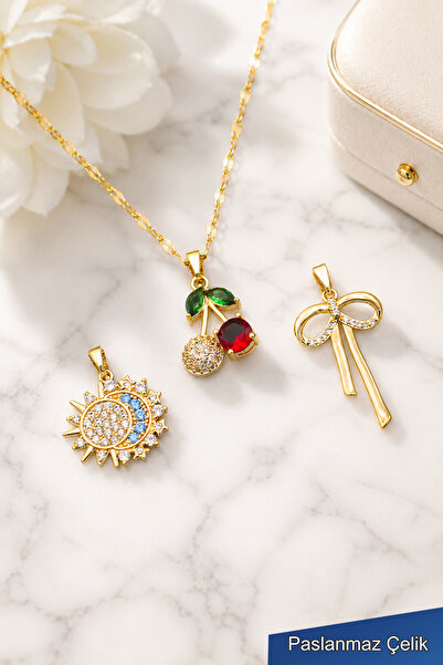 THE Steel Gold Color Steel Pendant Set Sun Bow Cherry Figured Stone Women's N...
