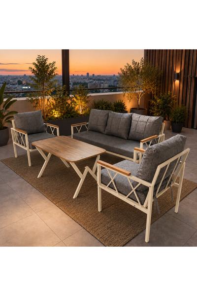 UFUK HOME Miray Krem Metal 311 Masalı Gri Balkon Bahçe Oturma Grubu Minderli ...