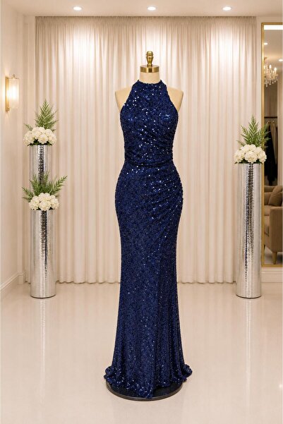 Premium Abiye Halter Yaka Payetli Uzun Abiye