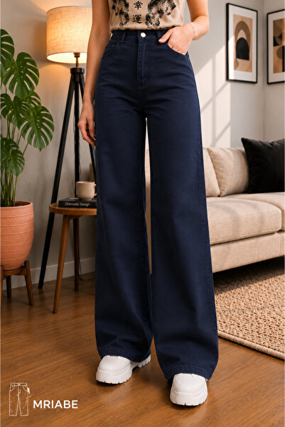 MRİABE Navy Blue High-Waisted Women's Palazzo Jeans – Stretch Denim Fabric, S...