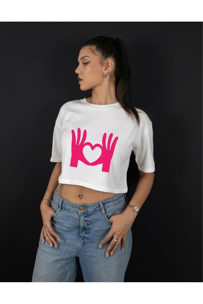 Krays Women's Hand Heart Printed Crop Tshirt Knitted Cotton Black White Gray ...