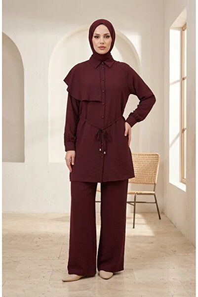 sefamerve Cape Detailed Buttoned Hijab Double Set 2282-04 Claret Red