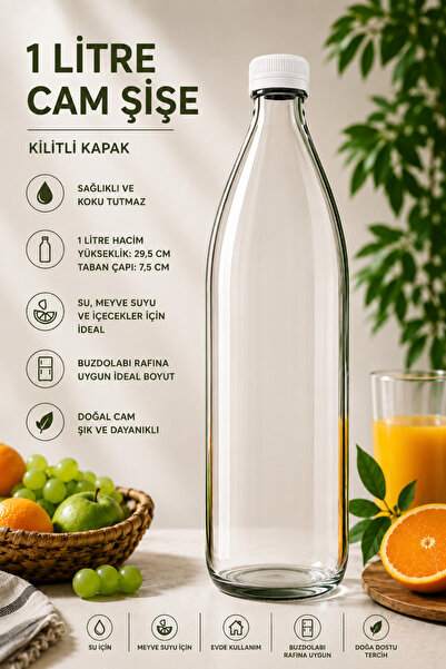 Tanemce 1 Adet Beyaz Plastik Kapaklı Cam Şişe 1 Litre Şeffaf Sürahi Süt, Ayra...