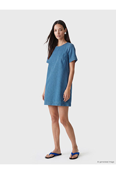 LC Waikiki Vizyon New Season Indigo Crew Neck Mini Jean Dress