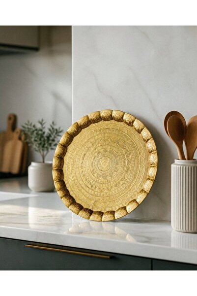 FAIR HOME Gold Color Motif Metal Round Luxury Serving Tray – 35 cm
