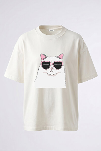 Anetos Meme Cat Design Back Printed Cotton White Oversize T-Shirt