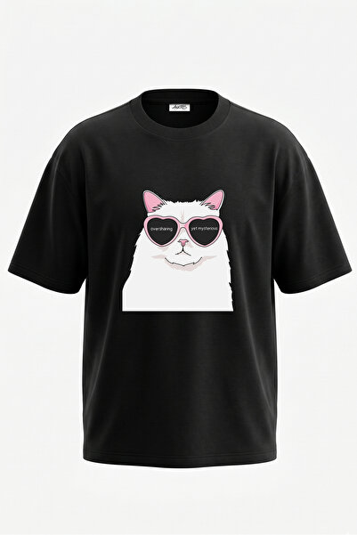 Anetos Tricou oversize negru din bumbac cu imprimeu pe spate Meme cat Design