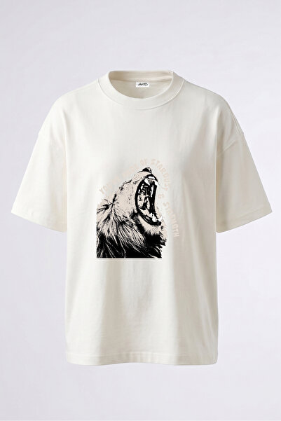 Anetos Tricou supradimensionat alb din bumbac cu imprimeu pe spate Roaring Li...