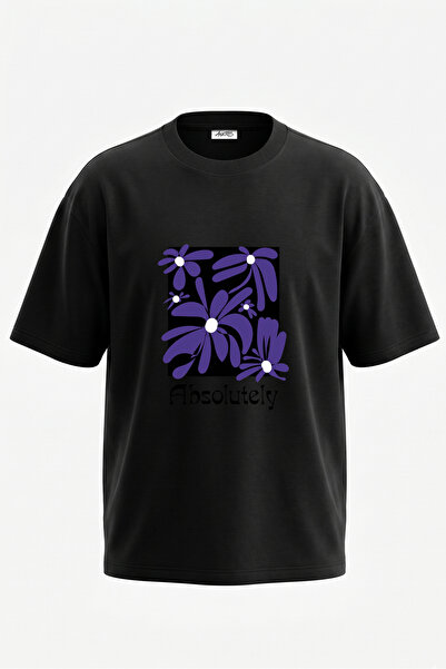 Anetos Tricou oversize negru din bumbac, cu imprimeu pe spate, cu design flor...
