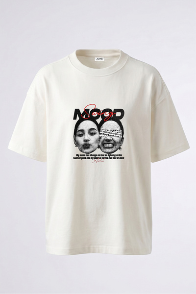Anetos Tricou oversize alb din bumbac cu imprimeu pe spate Mood Swing Faces D...