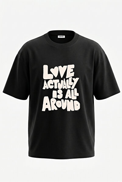 Anetos Tricou oversize negru din bumbac cu imprimeu Love Actually Design pe s...