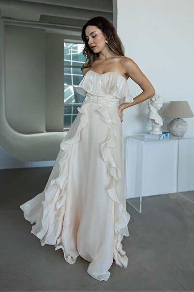 zoezoe Nep Strapless Flounced Slit Chiffon Evening Dress 3635